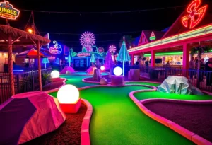 Night view of Ripley’s Crazy Golf featuring neon lights and colorful obstacles
