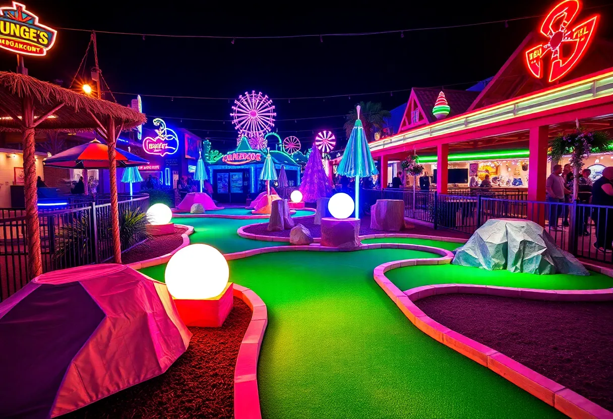 Night view of Ripley’s Crazy Golf featuring neon lights and colorful obstacles