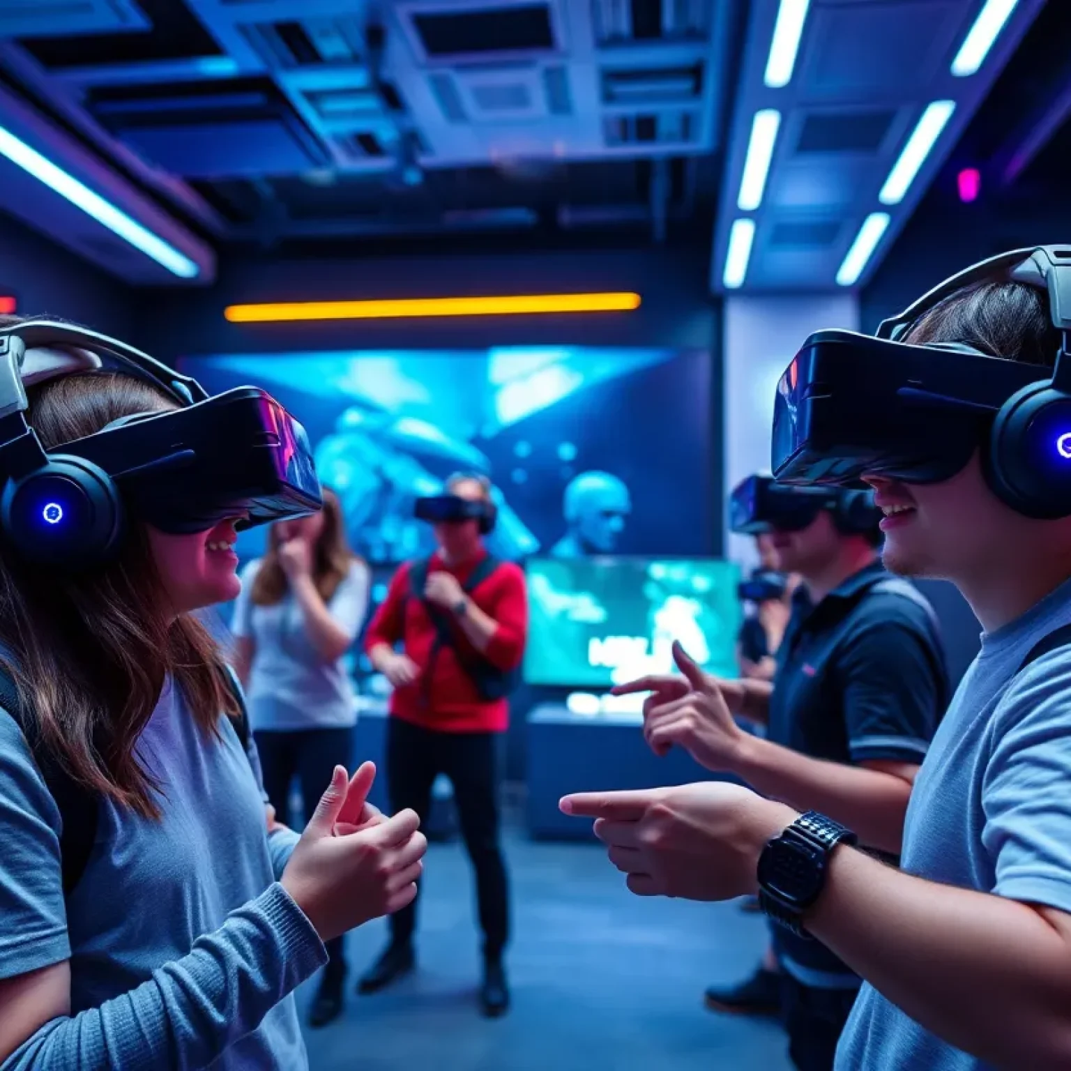 Group of friends playing virtual reality games at Sandbox VR in Orlando.