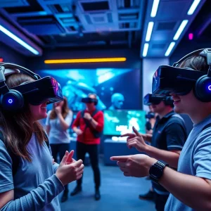 Group of friends playing virtual reality games at Sandbox VR in Orlando.
