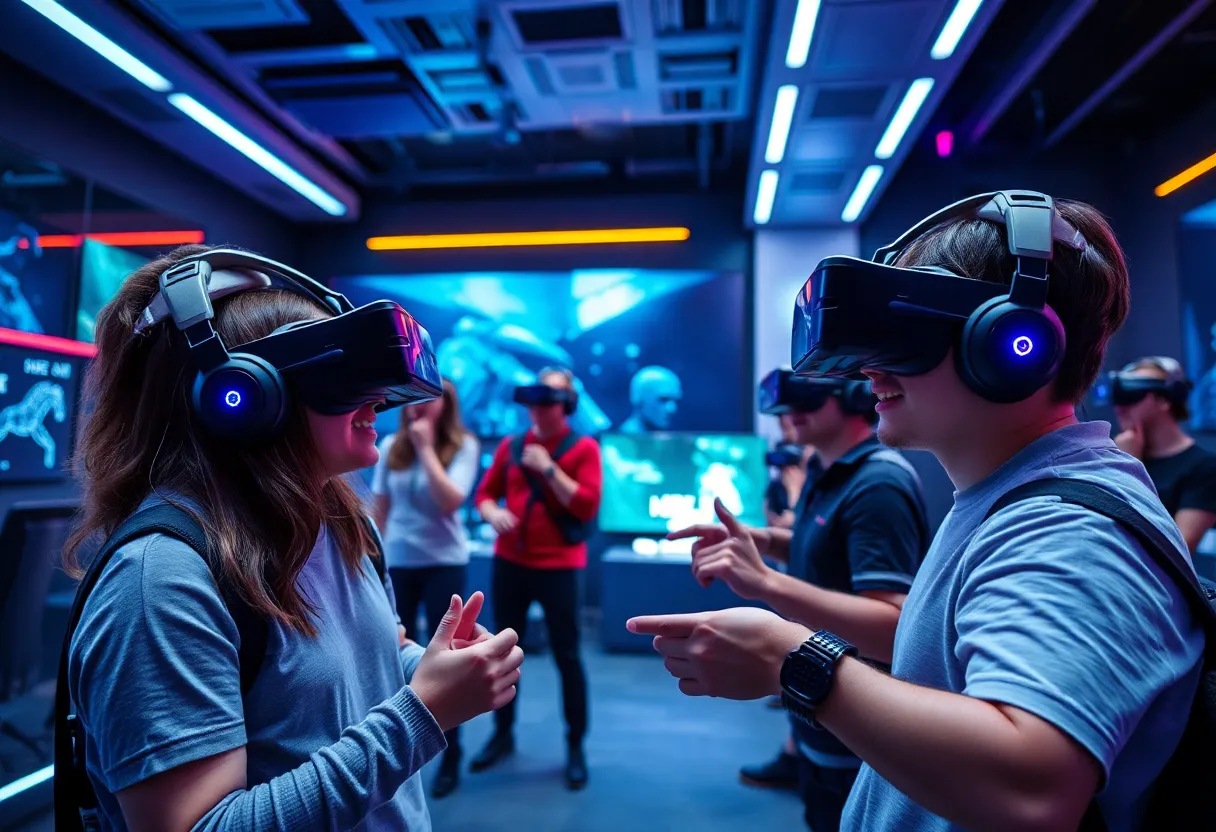 Group of friends playing virtual reality games at Sandbox VR in Orlando.