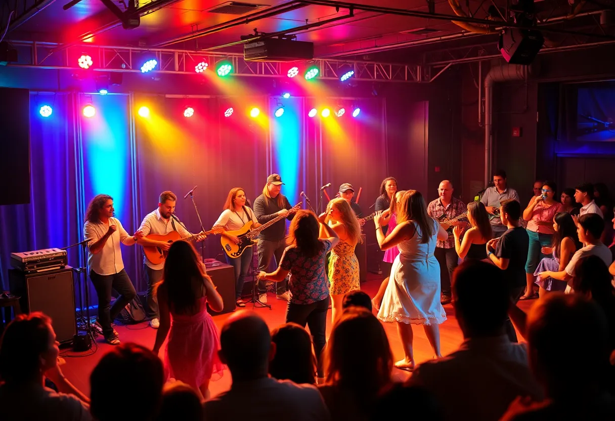Audience enjoying a live performance featuring musicians and dancers in Orlando