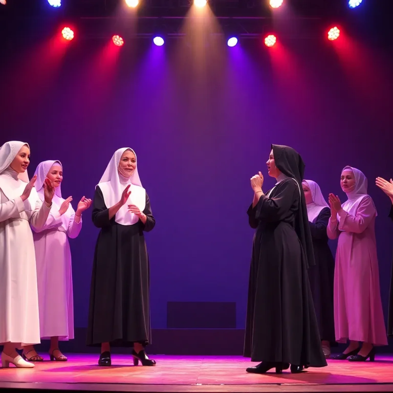 A colorful stage scene from Sister Act the Musical showcasing characters in nun attire with a disco backdrop.
