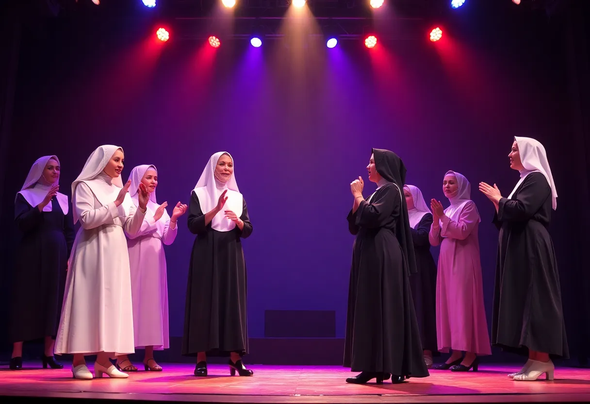 A scene from the Sister Act musical featuring performers in colorful costumes on stage.