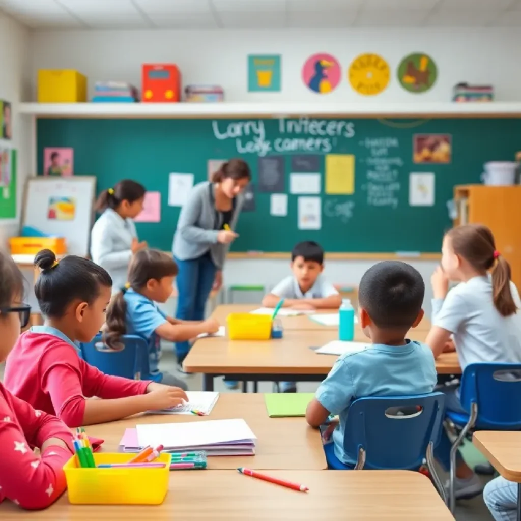Students actively participating in a classroom environment with school supplies around.