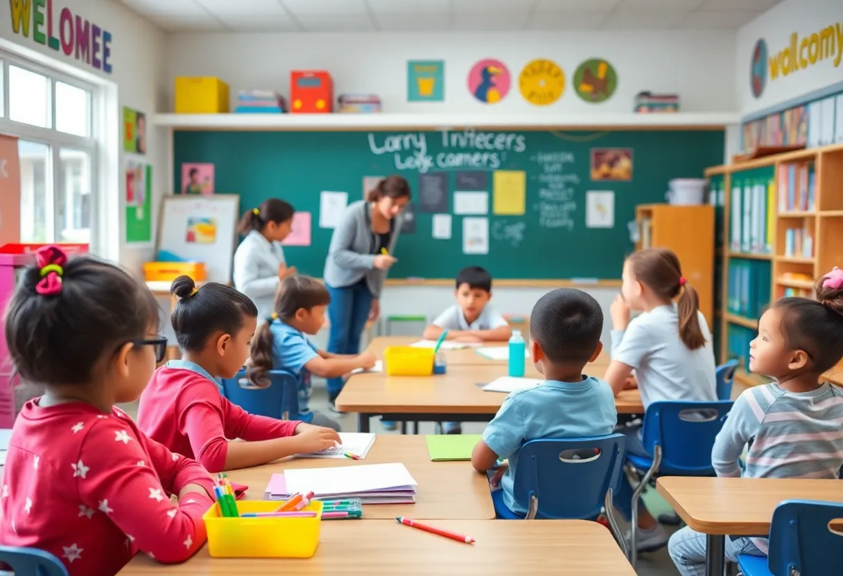 Students actively participating in a classroom environment with school supplies around.