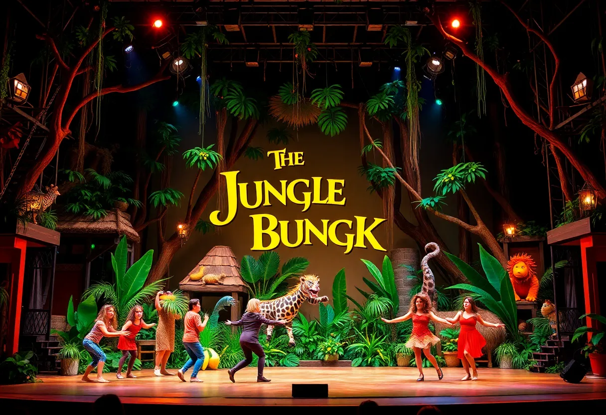 Stage setup for The Jungle Book sequel in Orlando, showcasing colorful jungle scenery and puppetry.