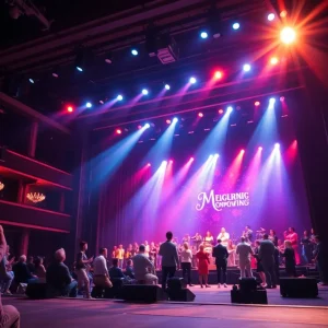 An artistic theater performance with lights and actors on stage
