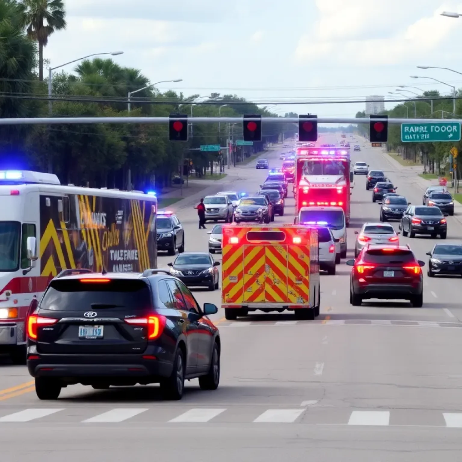 Scene of traffic incidents with emergency vehicles in Central Florida.