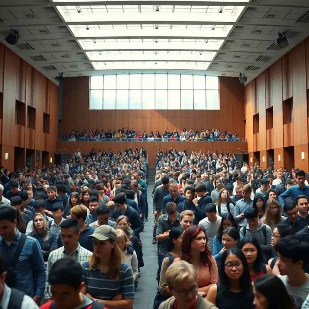 Busy university campus filled with students in a large lecture hall.