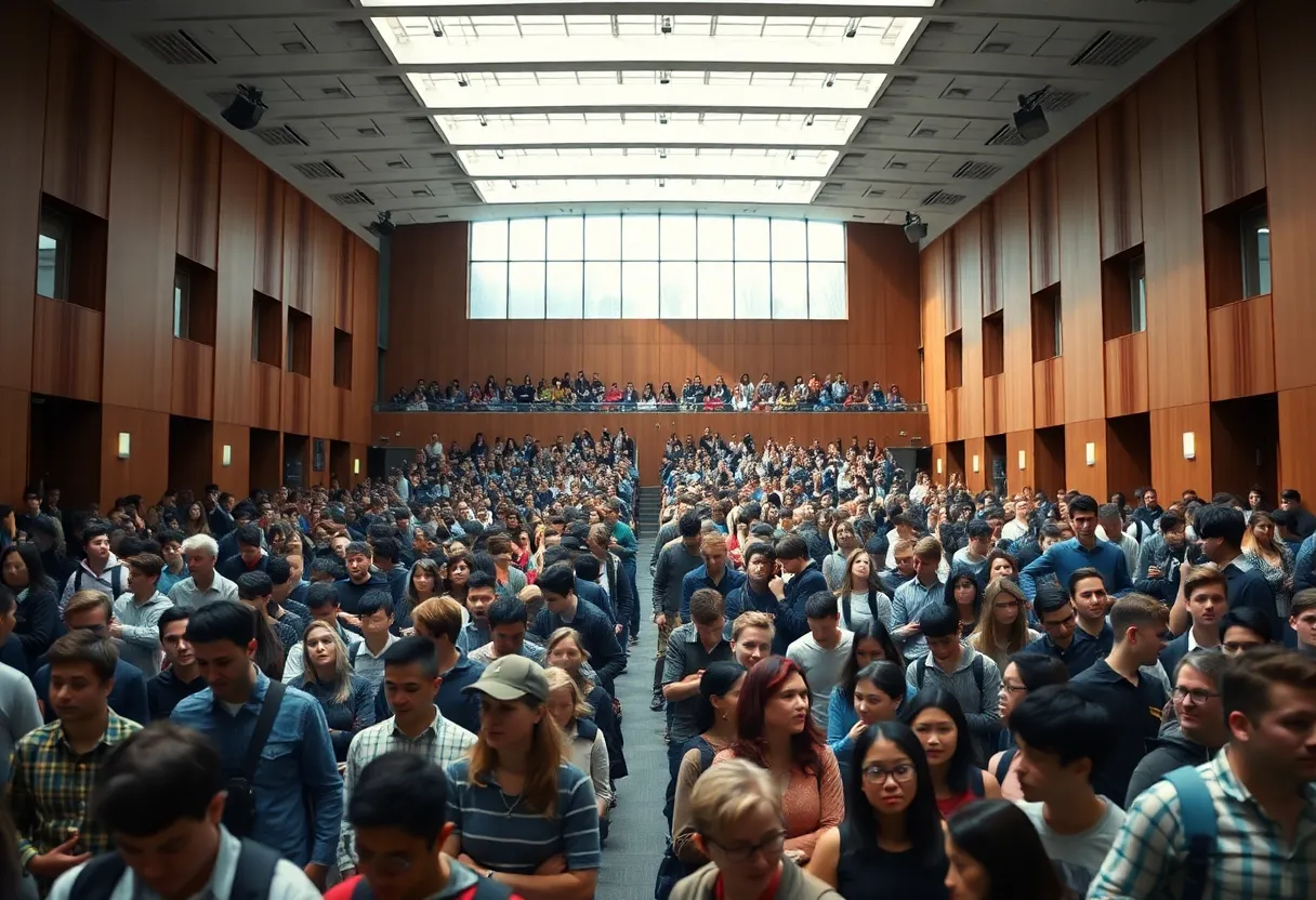 Busy university campus filled with students in a large lecture hall.
