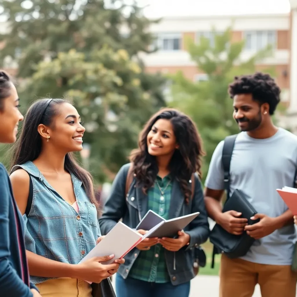 Students discussing financial aid on a university campus
