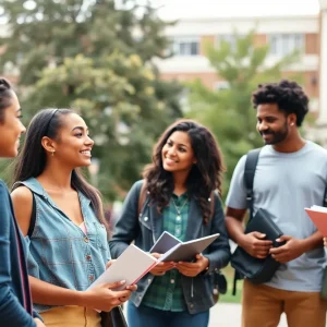 Students discussing financial aid on a university campus