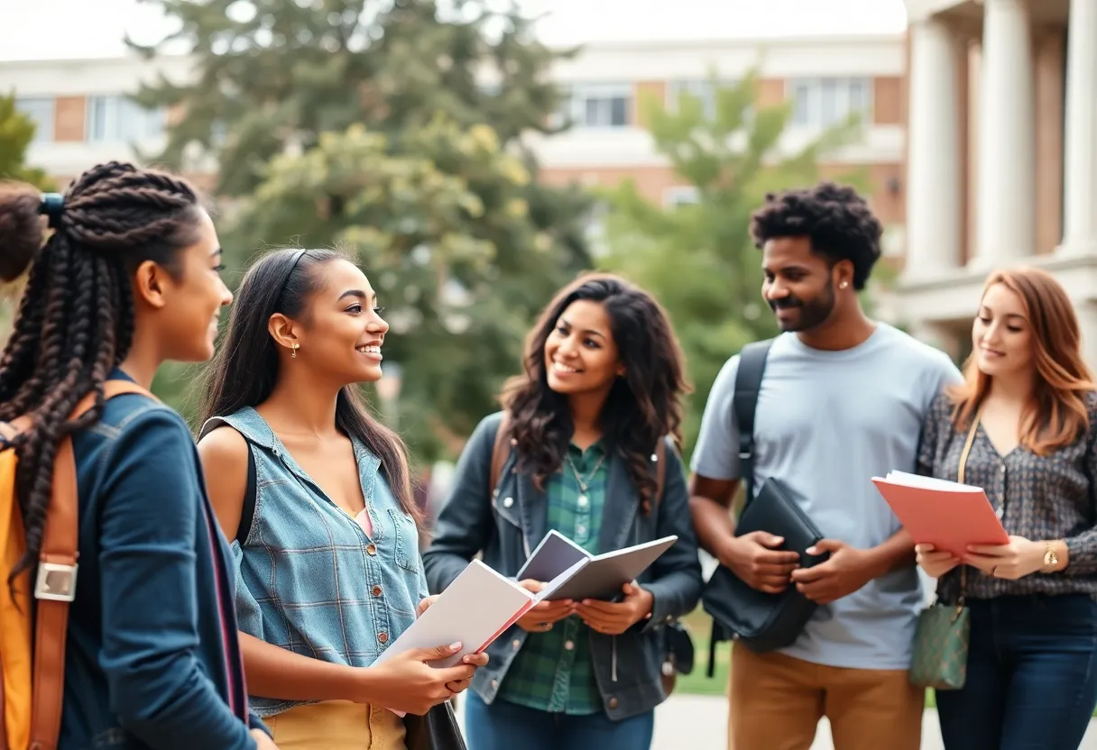 Students discussing financial aid on a university campus
