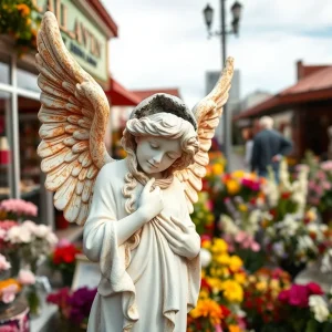 Damaged angel statue with a missing head outside a jewelry store.
