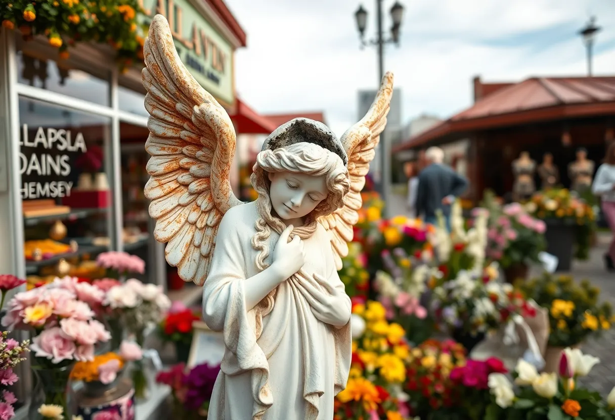 Damaged angel statue with a missing head outside a jewelry store.
