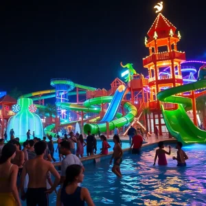 Nighttime view of Volcano Bay water park with illuminated attractions