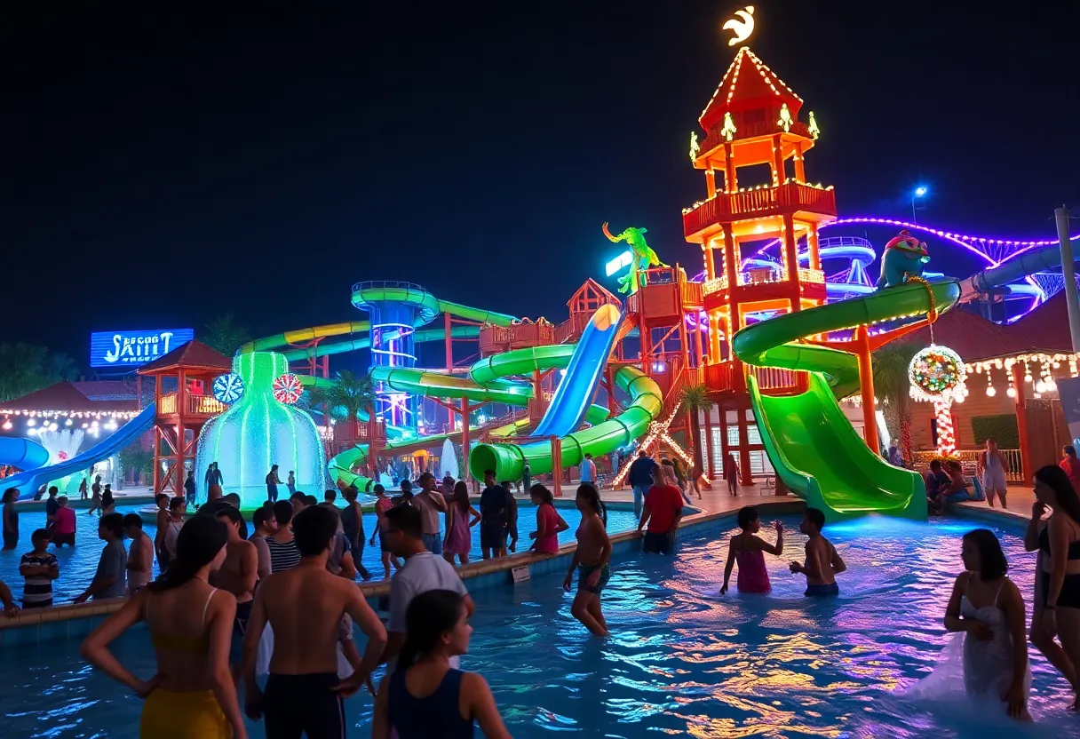 Nighttime view of Volcano Bay water park with illuminated attractions
