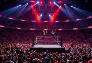 Scene from WWE wrestling event with fans and ring