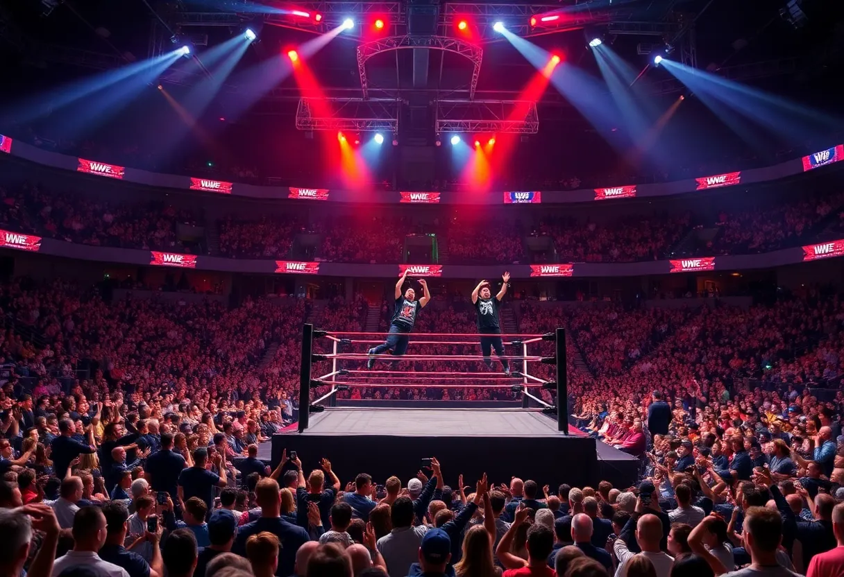 Scene from WWE wrestling event with fans and ring