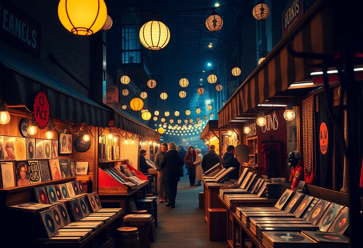 A night market scene showcasing handmade goods and unique collectibles