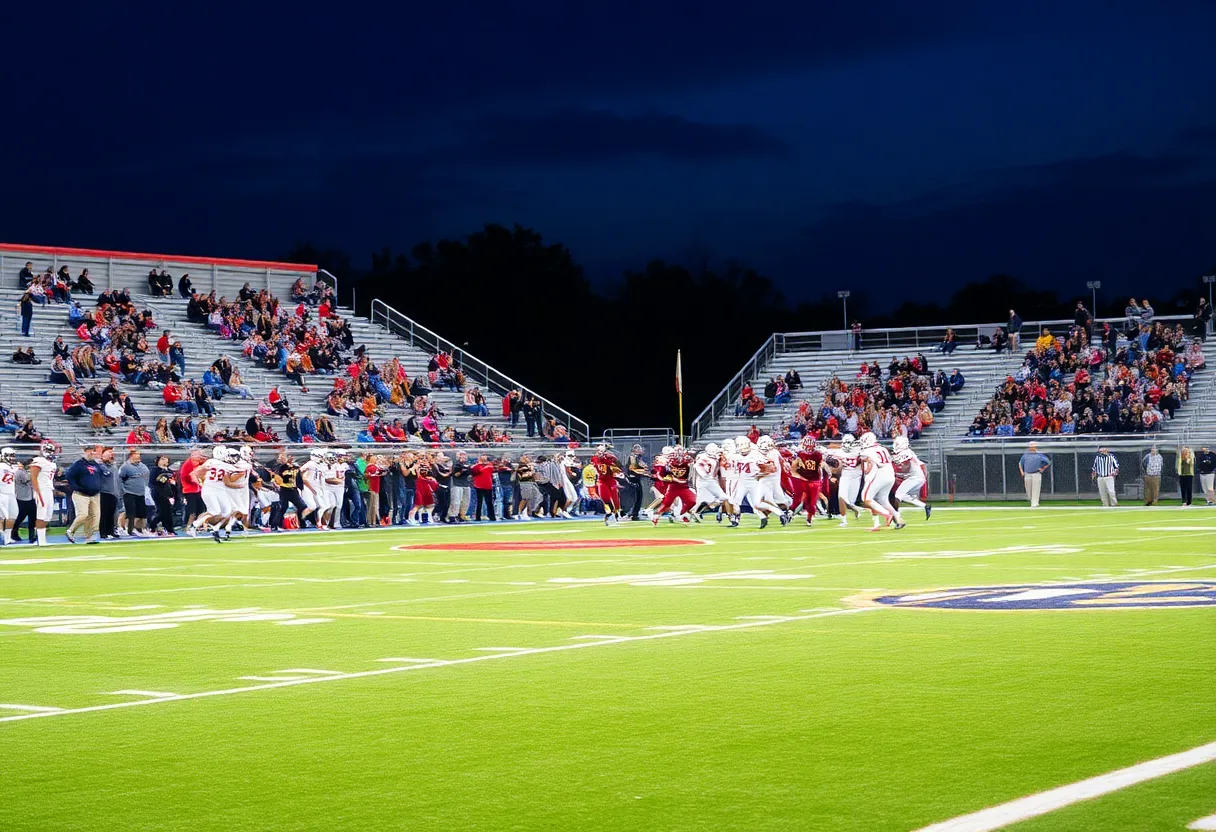 High school football players in action during a game in Central Florida.