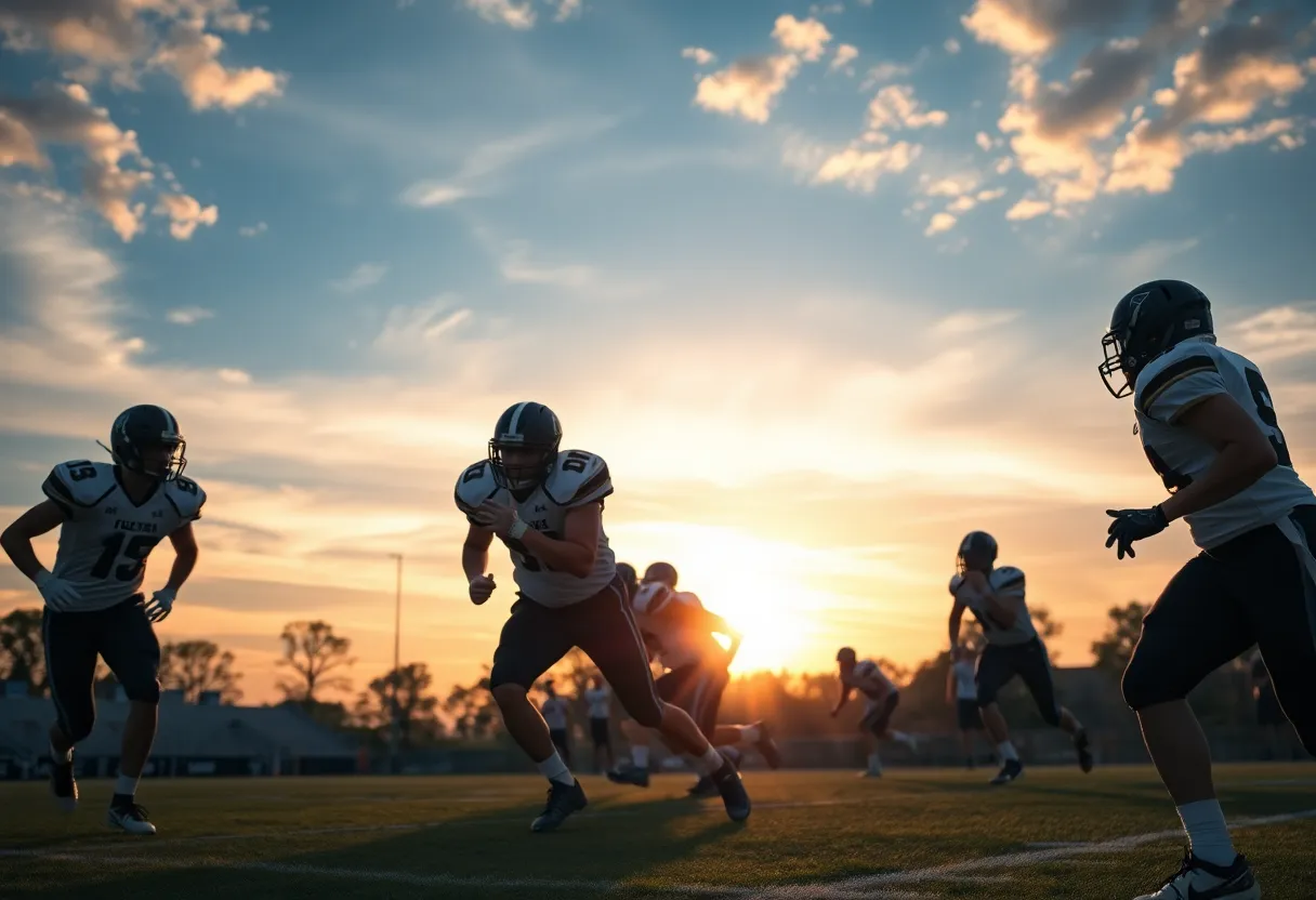 High school football players battling on the field under a colorful sunset sky.