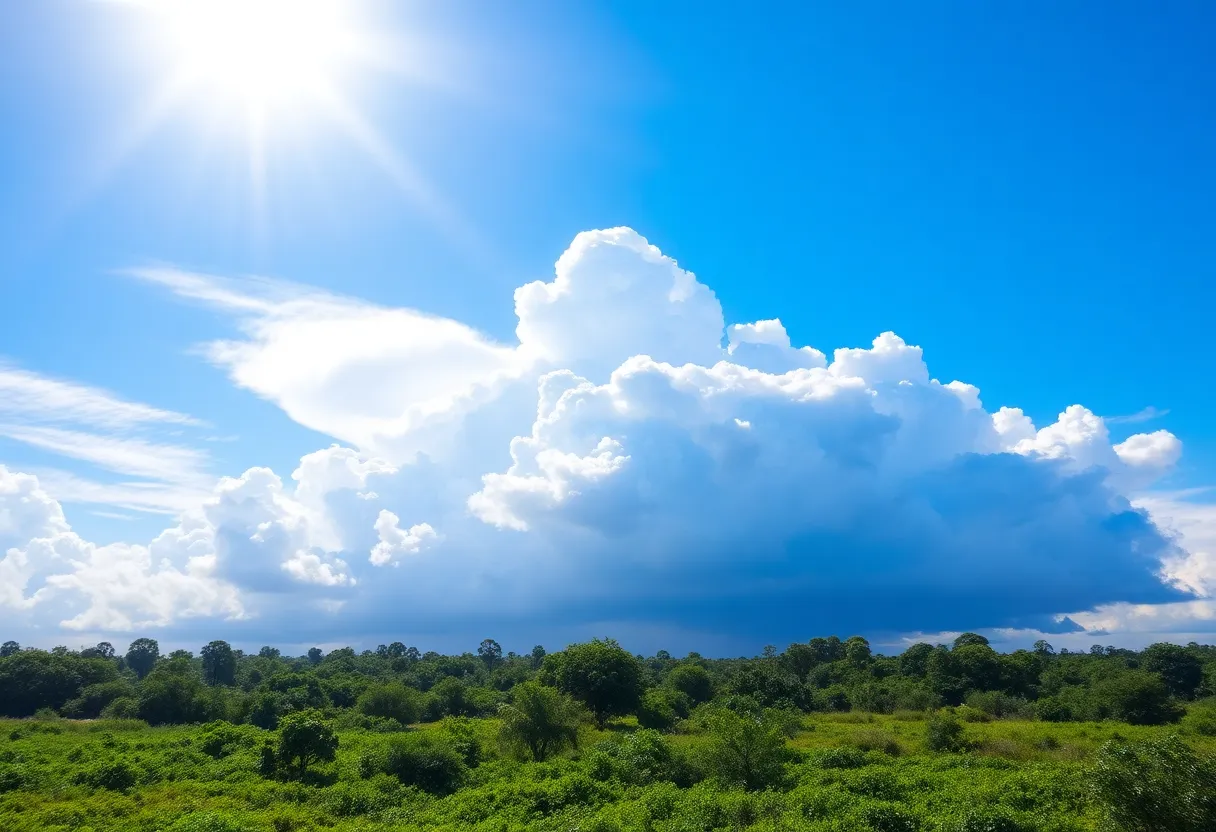 A weather scene in Central Florida showing sunny skies and thunderstorms approaching.