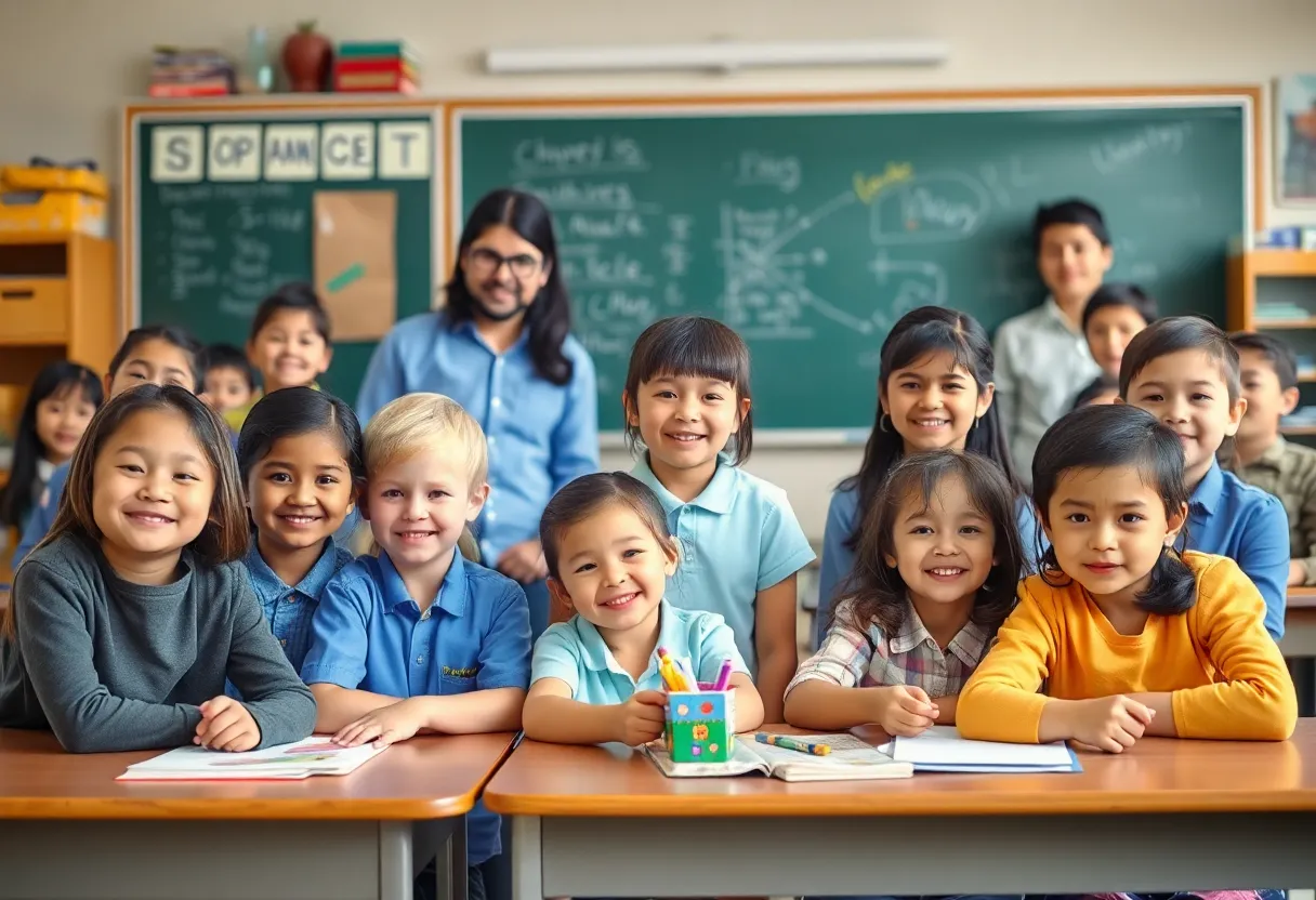 A vibrant classroom with students and a teacher engaged in learning activities.