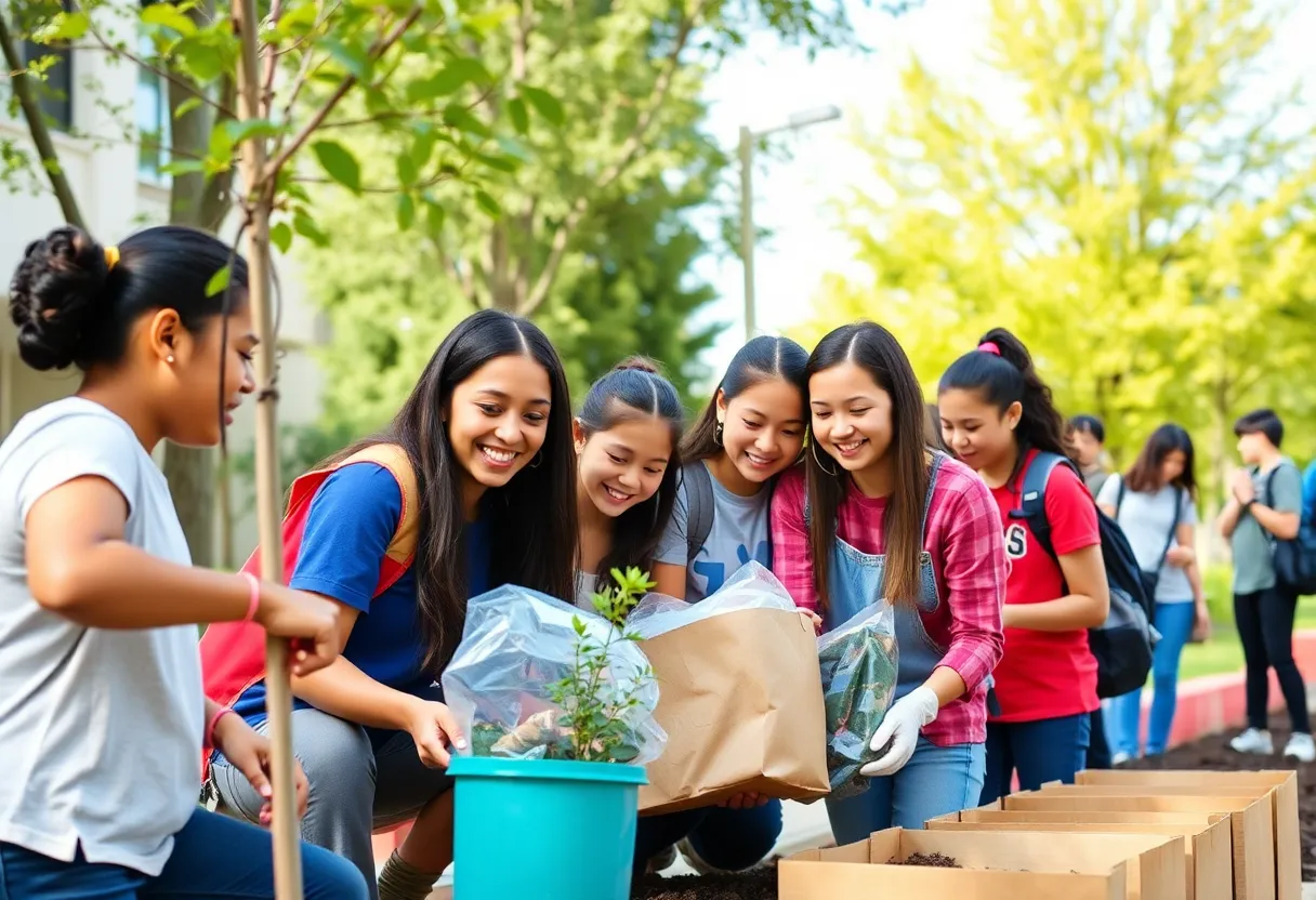 Students participating in community service activities