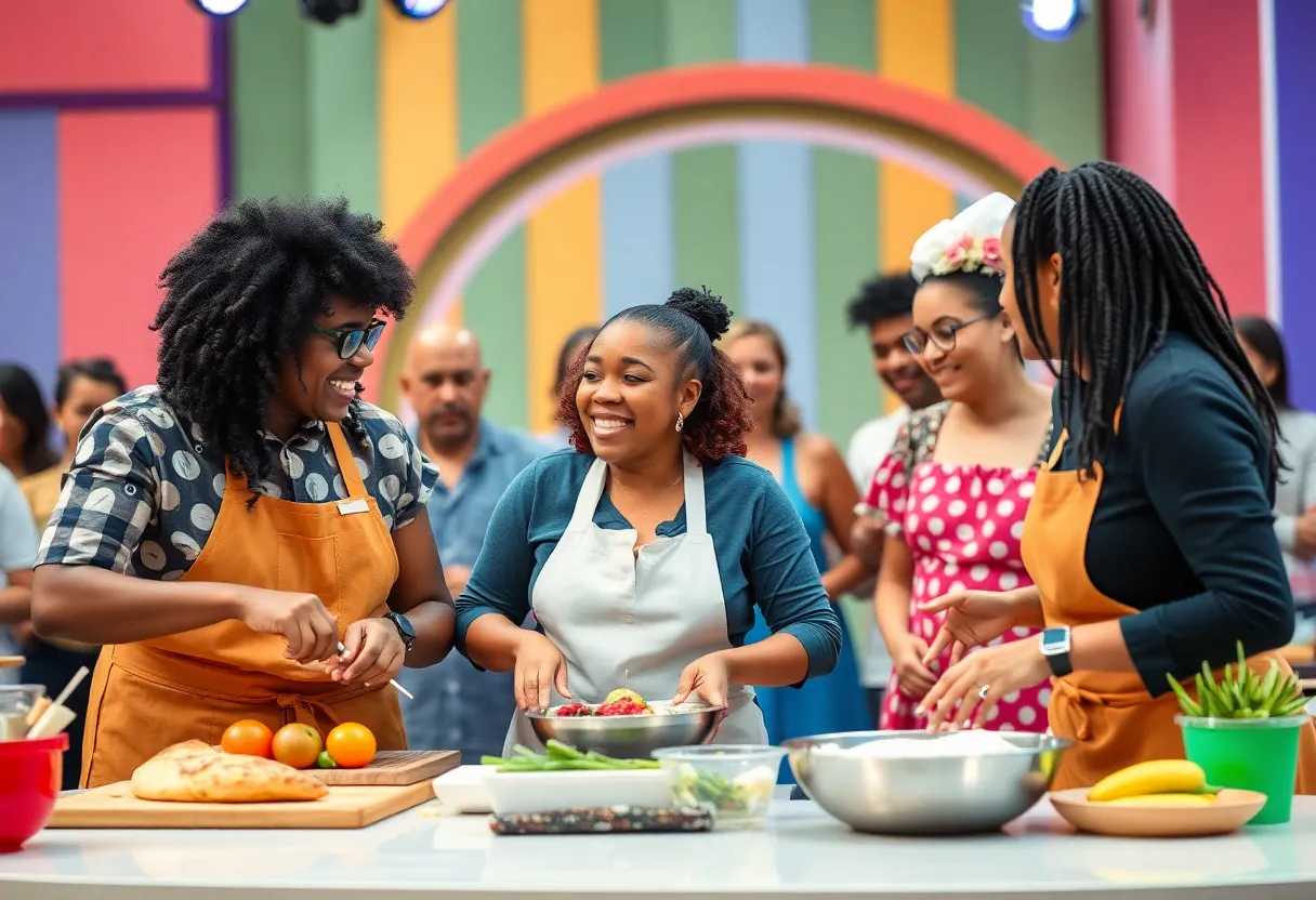 Contestants cooking in a lively competition