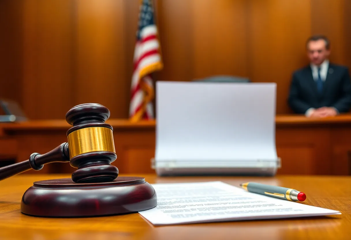 Courtroom scene reflecting tension and high stakes