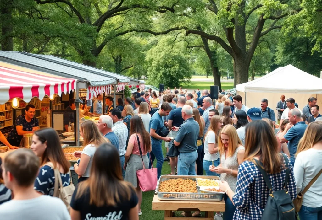 Attendees enjoying the Cows and Cabs charity event in Winter Park with food stalls and live music.