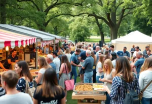 Attendees enjoying the Cows and Cabs charity event in Winter Park with food stalls and live music.