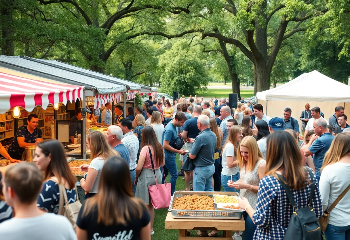 Attendees enjoying the Cows and Cabs charity event in Winter Park with food stalls and live music.