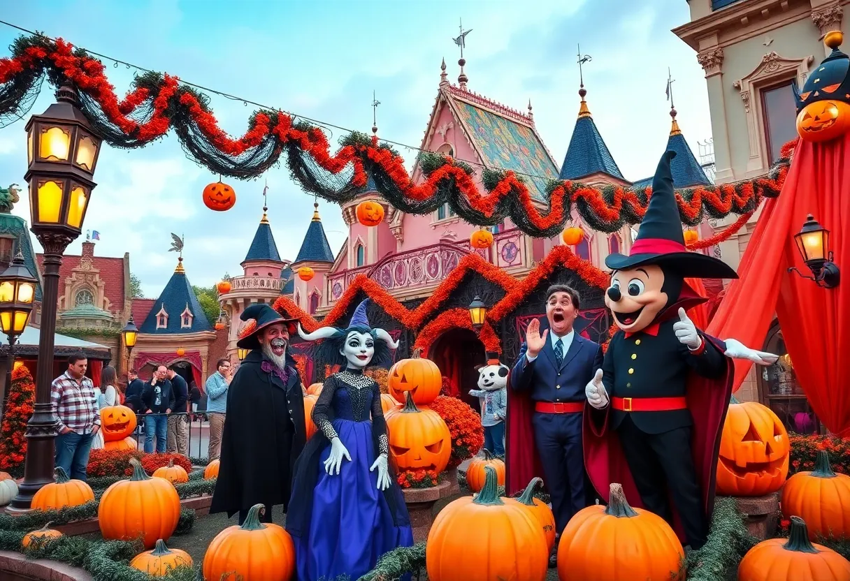 Scenic view of the D23 Spooktacular event at Disney World with Halloween decorations.