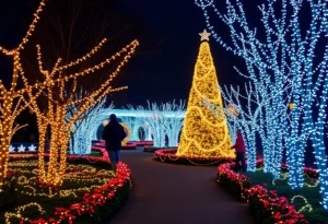 Pathway through Leu Gardens illuminated with holiday lights