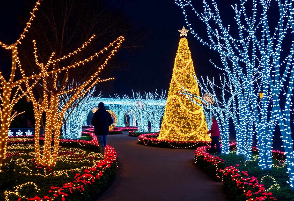Pathway through Leu Gardens illuminated with holiday lights