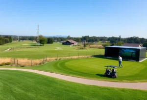 Renovated Dubsdread Golf Course with golfers practicing on a modern driving range