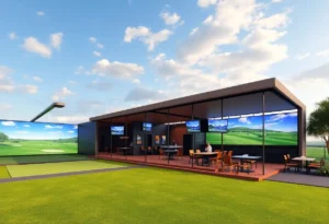 An artistic view of the future Dubsdread Golf Course featuring advanced driving bays and social areas.