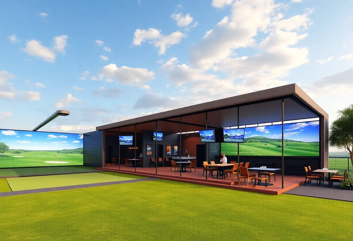 An artistic view of the future Dubsdread Golf Course featuring advanced driving bays and social areas.