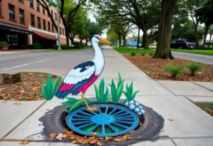 Mural on a storm drain with an ibis and environmental message in Thornton Park, Orlando