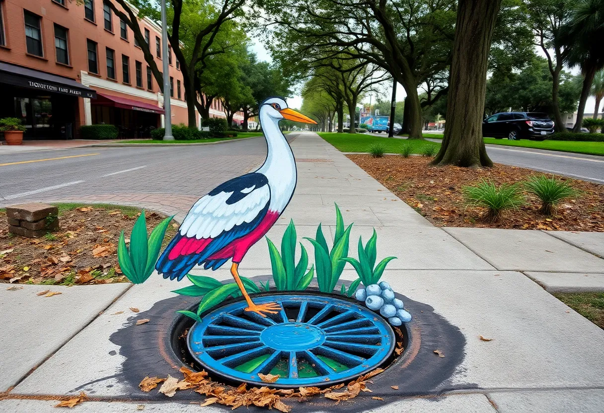 Mural on a storm drain with an ibis and environmental message in Thornton Park, Orlando