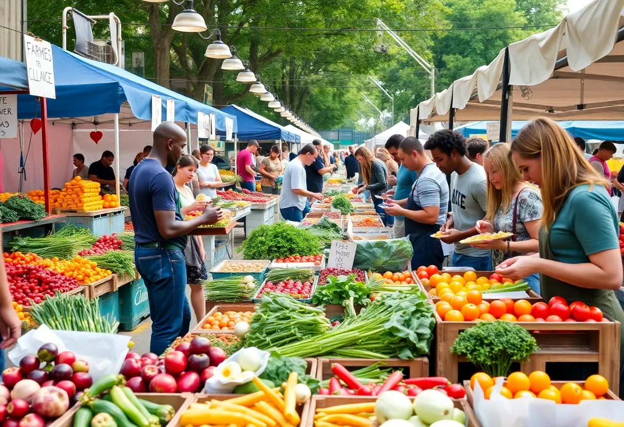 A scene from a bustling Farmers Market showcasing fresh produce and people enjoying cooking demonstrations.