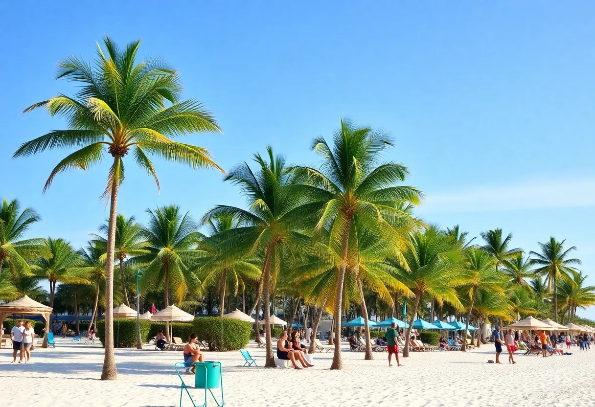 A lively beach scene in Florida with visitors enjoying the sunny weather.