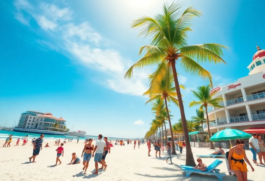 Families enjoying a day at a Florida beach with palm trees and colorful buildings.
