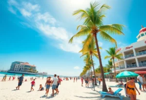 Families enjoying a day at a Florida beach with palm trees and colorful buildings.