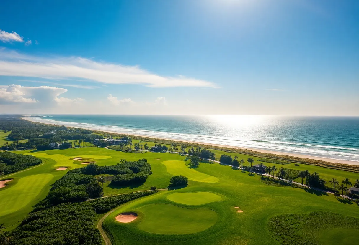 Aerial view of a golf course in Florida with vibrant greenery and ocean backdrop.