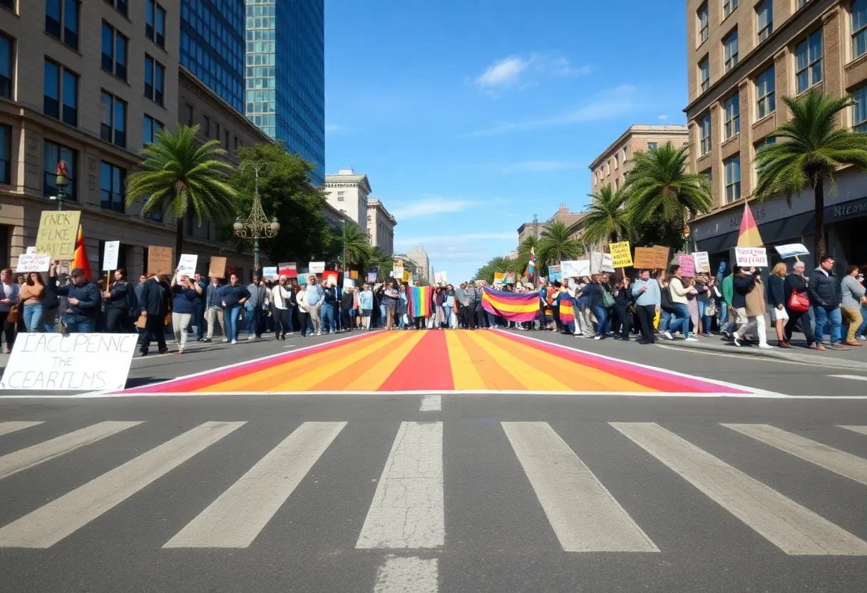 Demonstrators protesting the removal of a rainbow crosswalk in Florida.