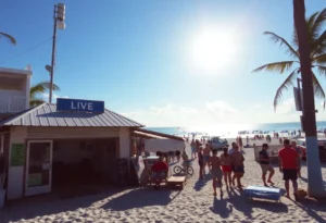 Beach in Florida with tourists, emphasizing local business struggles.
